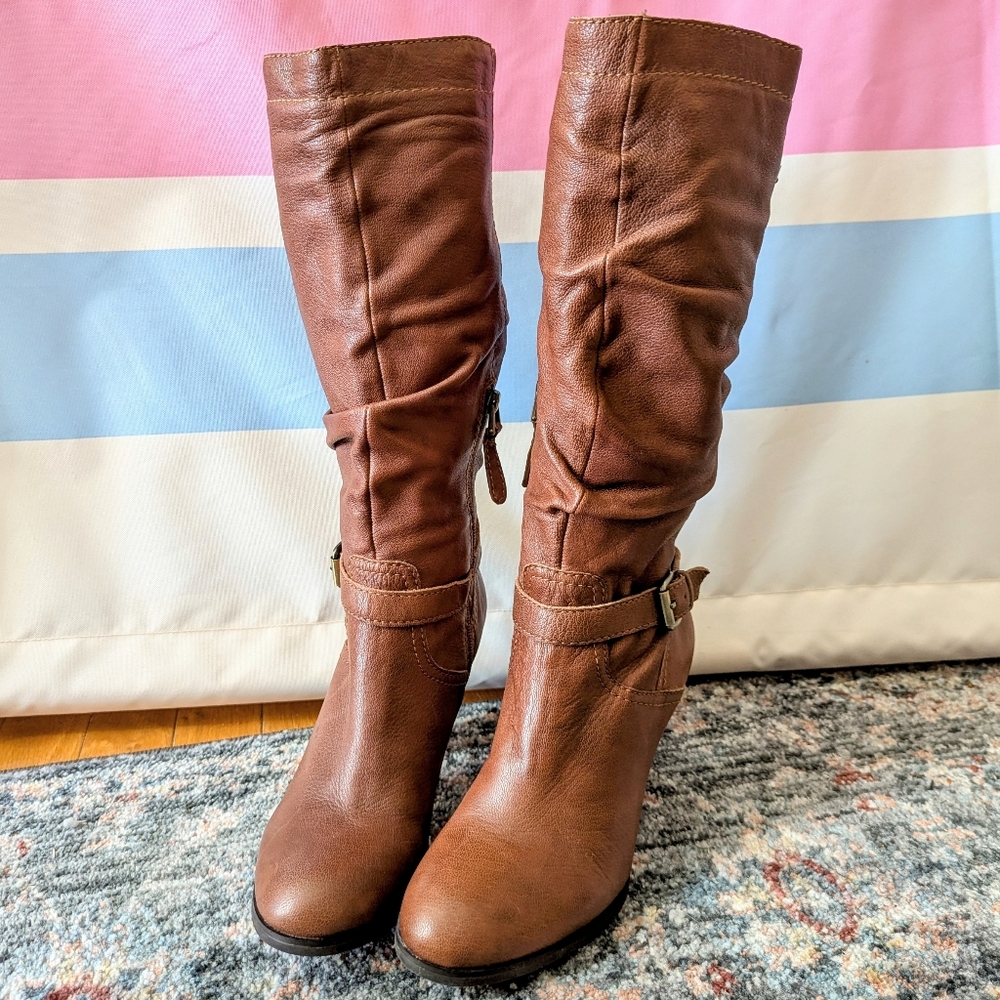 Guess Magy Brown Leather Scrunch Boots Buckled Heeled Western Rustic Fall Y2K 8 - Picture 3 of 11